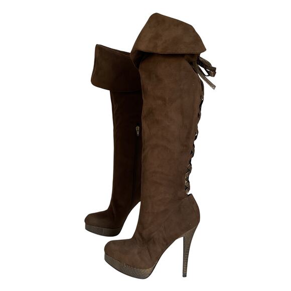 Bebe Brown Suede Over the Knee High Heel Boot with Back Lace-Up Festival Boho 8B - Picture 2 of 10